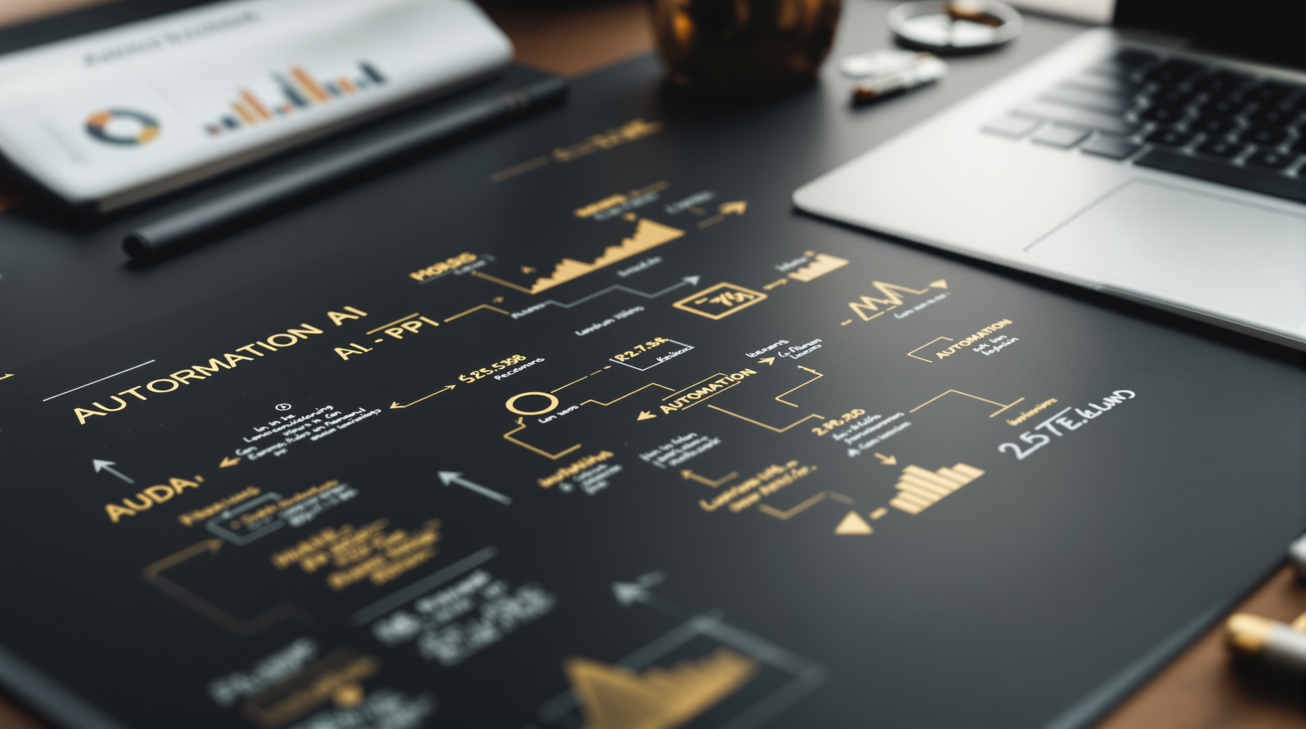 Mesa estratégica com mapa de processos e indicadores usada para planejar a implementação de agentes de IA.