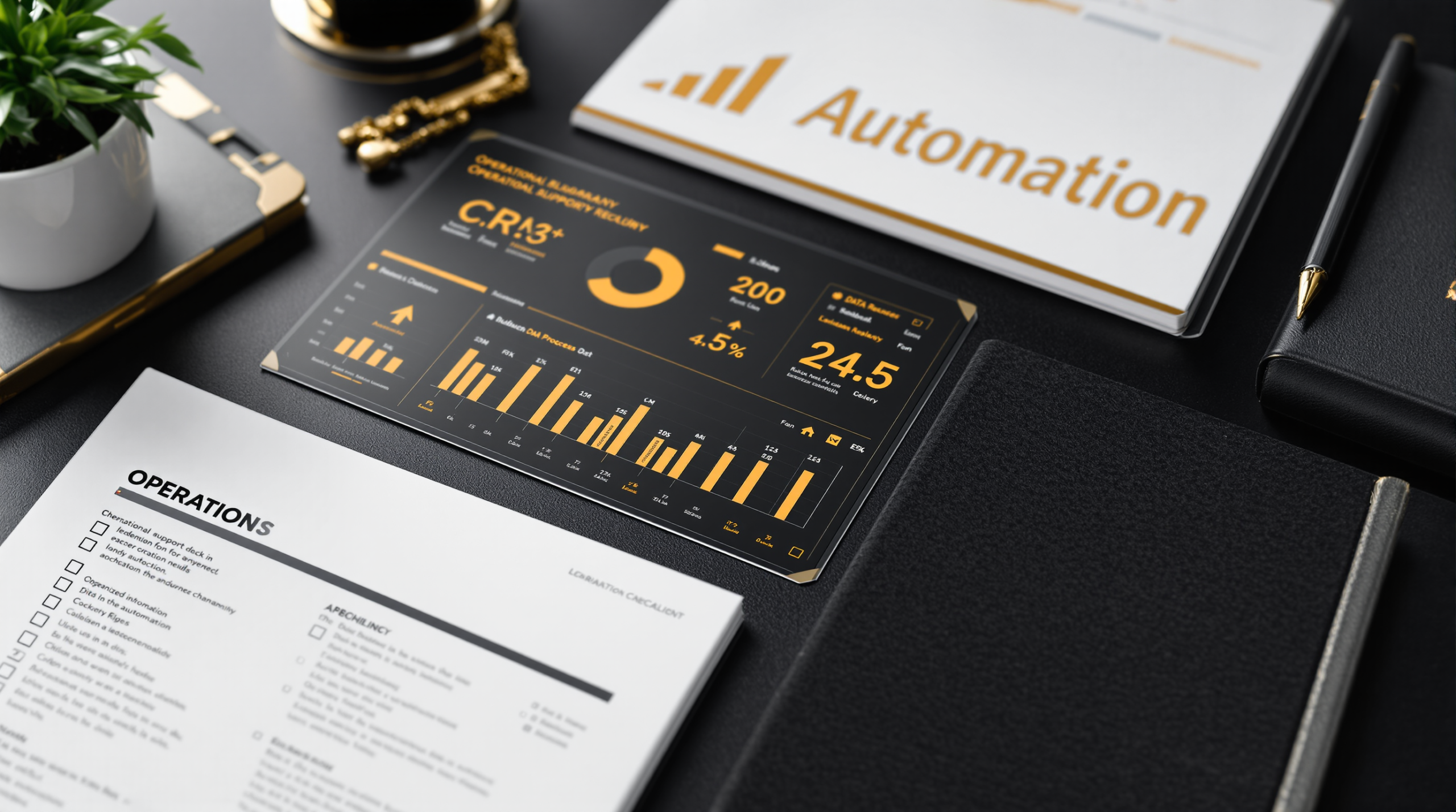 Painel com dados, checklist operacional e indicadores que sustentam uma automação com IA bem estruturada.